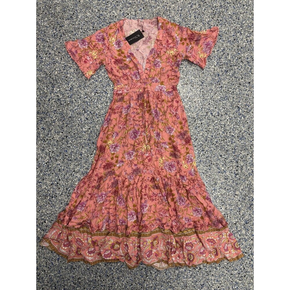 R.Vivimos Women's V Neck Maxi Dress Boho Floral Print Short Sleeve Size Small
